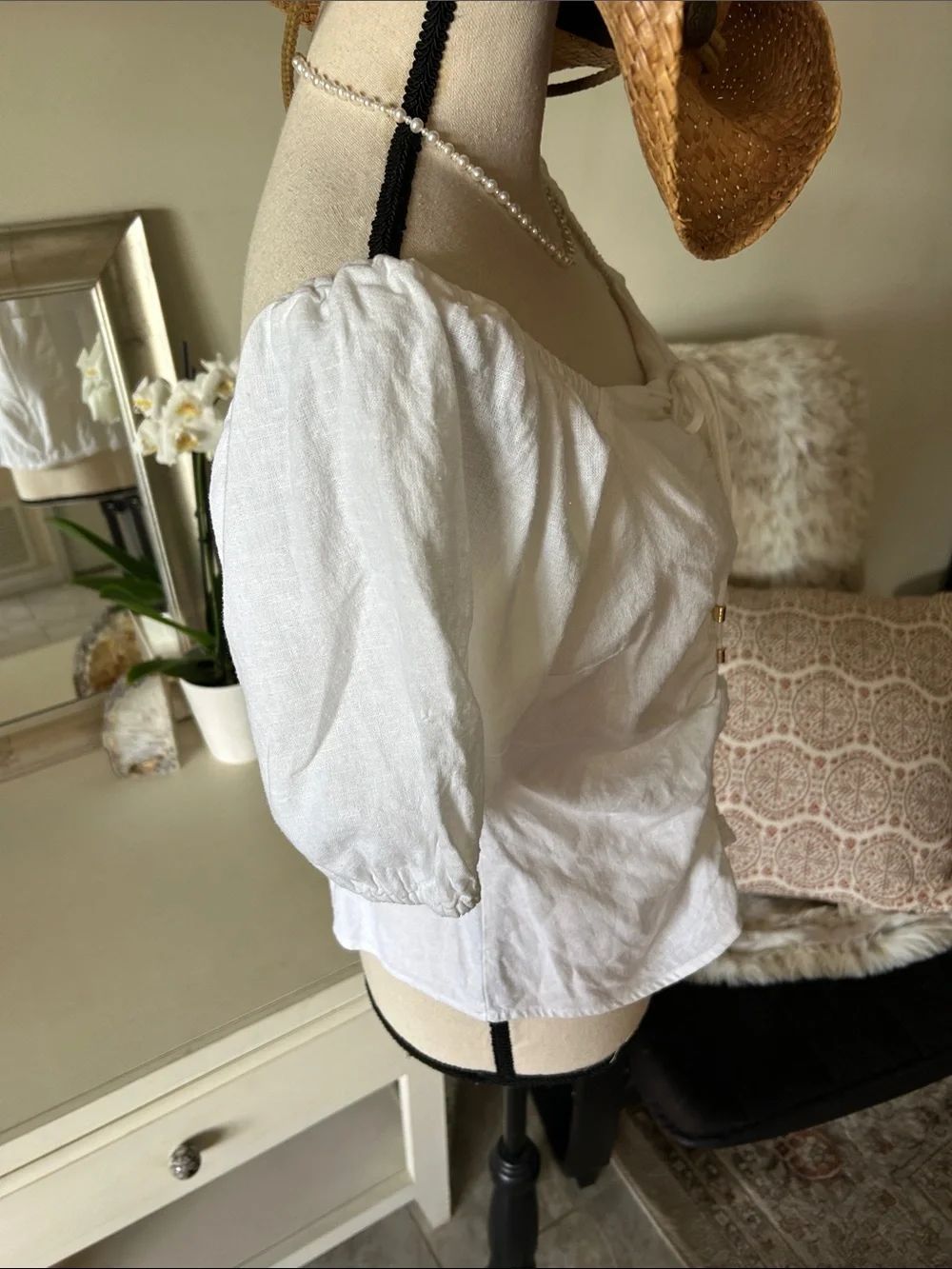Michael Kors Women white Linen Puff Sleeve cottage western Blouse Top S